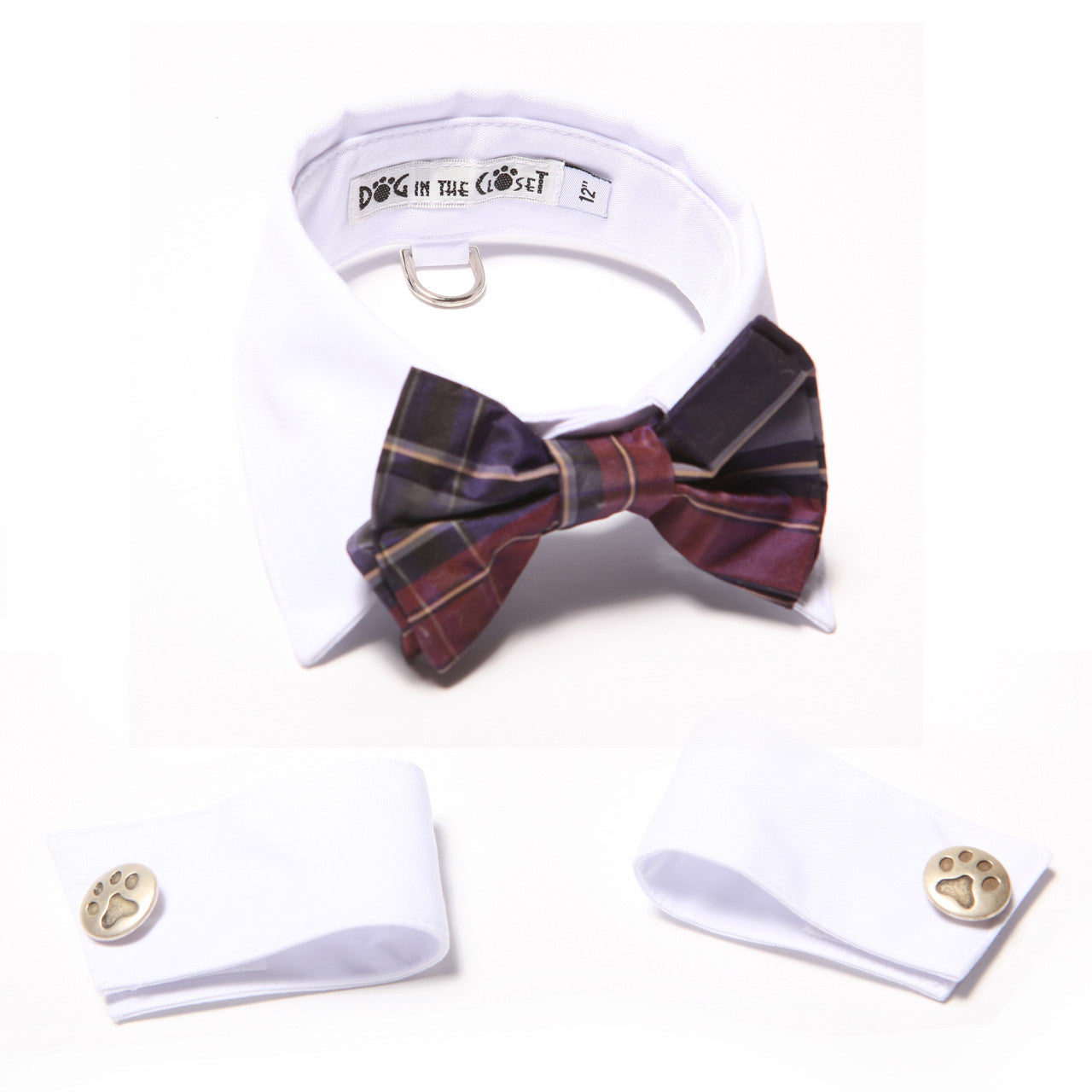 Stylish White Shirt Dog Collar, Purple Silk Plaid Bow Tie, D-Ring, All Sizes