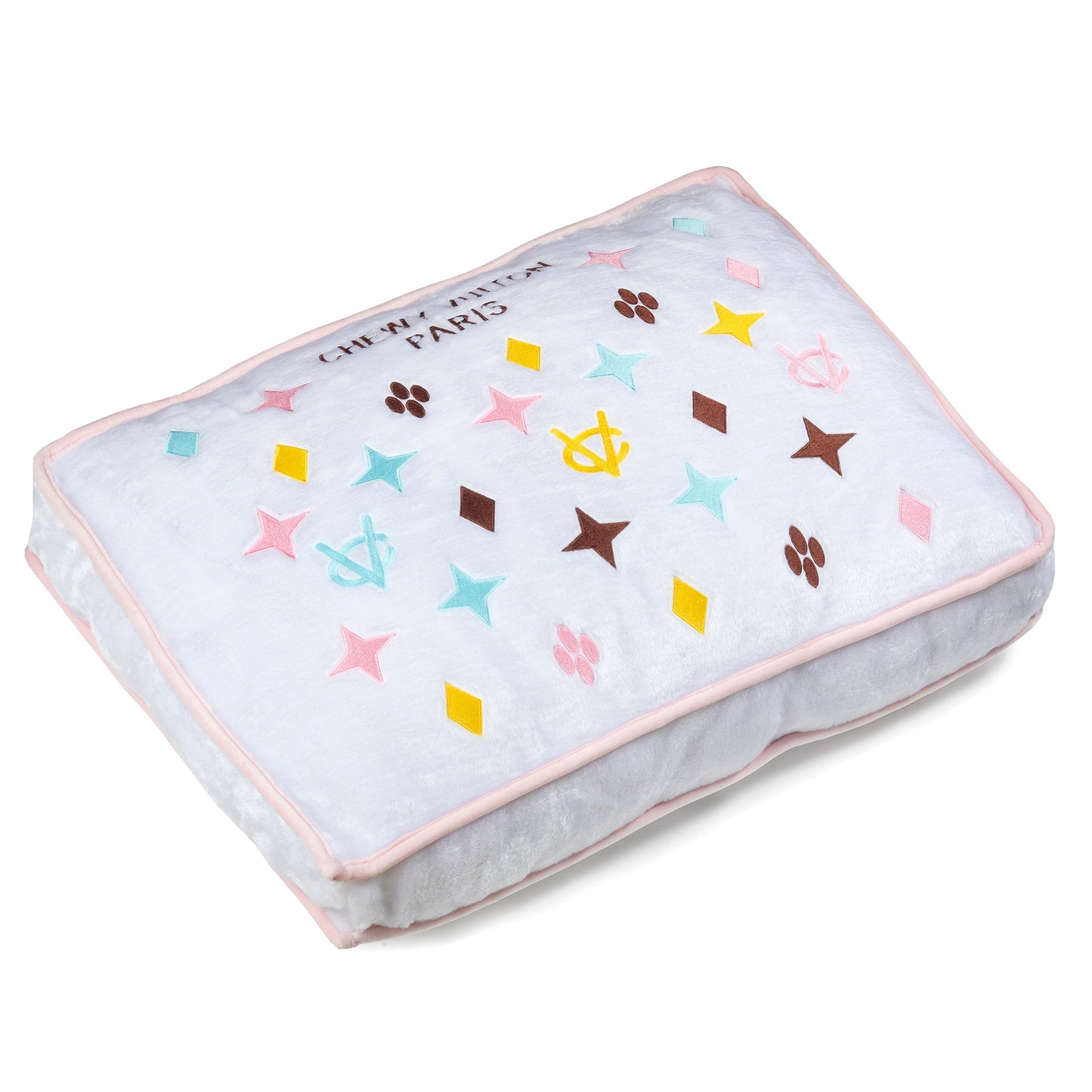 Luxury White Chewy Vuiton Dog Bed for Pampered Pets, Plush Comfort