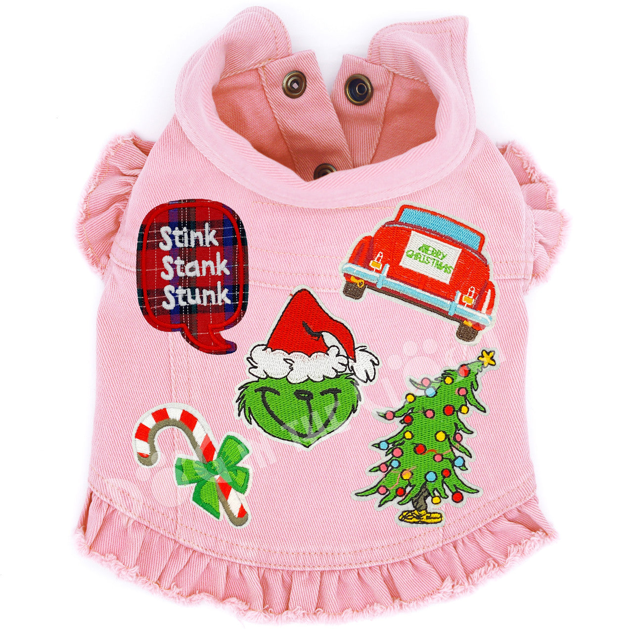 Merry Grinchmas Festive Denim Dog Jacket with Patches and Ruffles