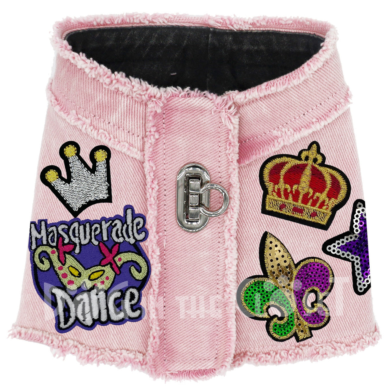 Mardi Gras Hand-Distressed Denim Dog Harness Vest: Frayed, Patched, Comfortable