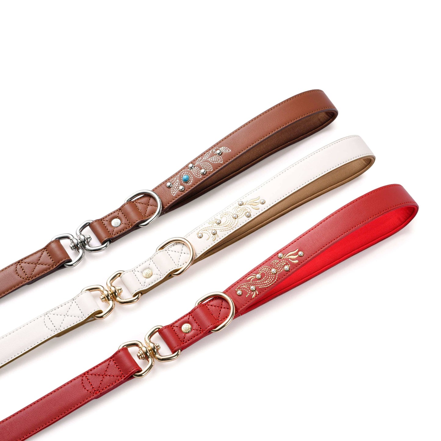 White  Leather Leash Western Style with Embroidery and Pearl Studs