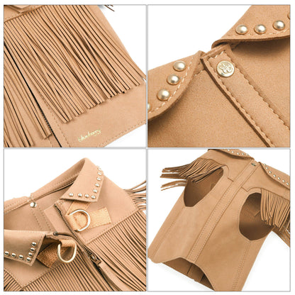 Tan Fringed Harness Jacket Western Style Silver-Powered Freshness Microfiber Suede
