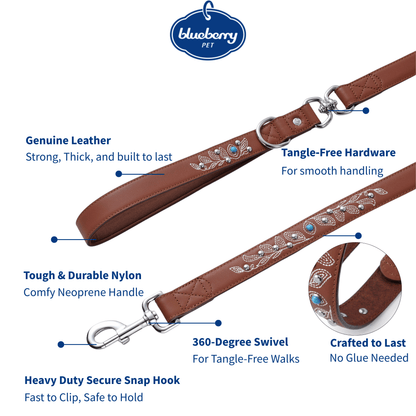 Tan/Brown Leather Western Leash with Embroidery and Turquoise Studs