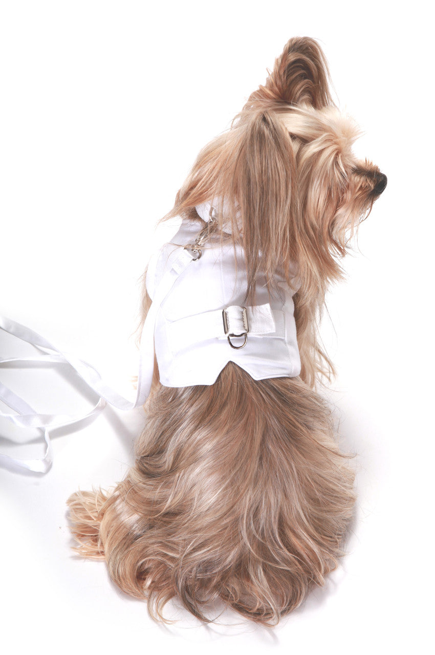 The Wyatt Elegant White Linen Dog Harness Vest with Adjustable D-Ring Leash