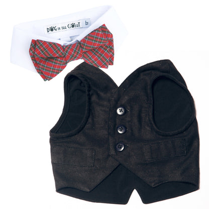 Charming White Shirt Dog Collar with Vibrant Red Tartan Plaid Detachable Bow Tie