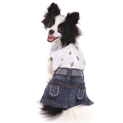 Dazzling Jane Rhinestone Denim Dog Skirt - Sparkle Waist & Pockets, Velcro Closure