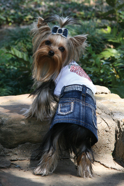 Dazzling Jane Rhinestone Denim Dog Skirt - Sparkle Waist & Pockets, Velcro Closure