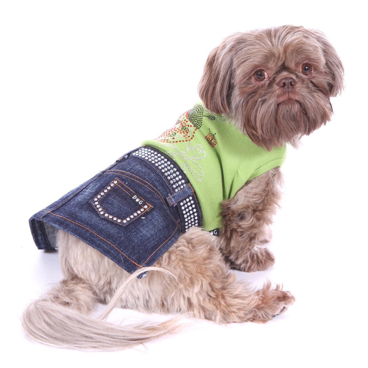 Dazzling Jane Rhinestone Denim Dog Skirt - Sparkle Waist & Pockets, Velcro Closure