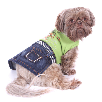 Dazzling Jane Rhinestone Denim Dog Skirt - Sparkle Waist & Pockets, Velcro Closure