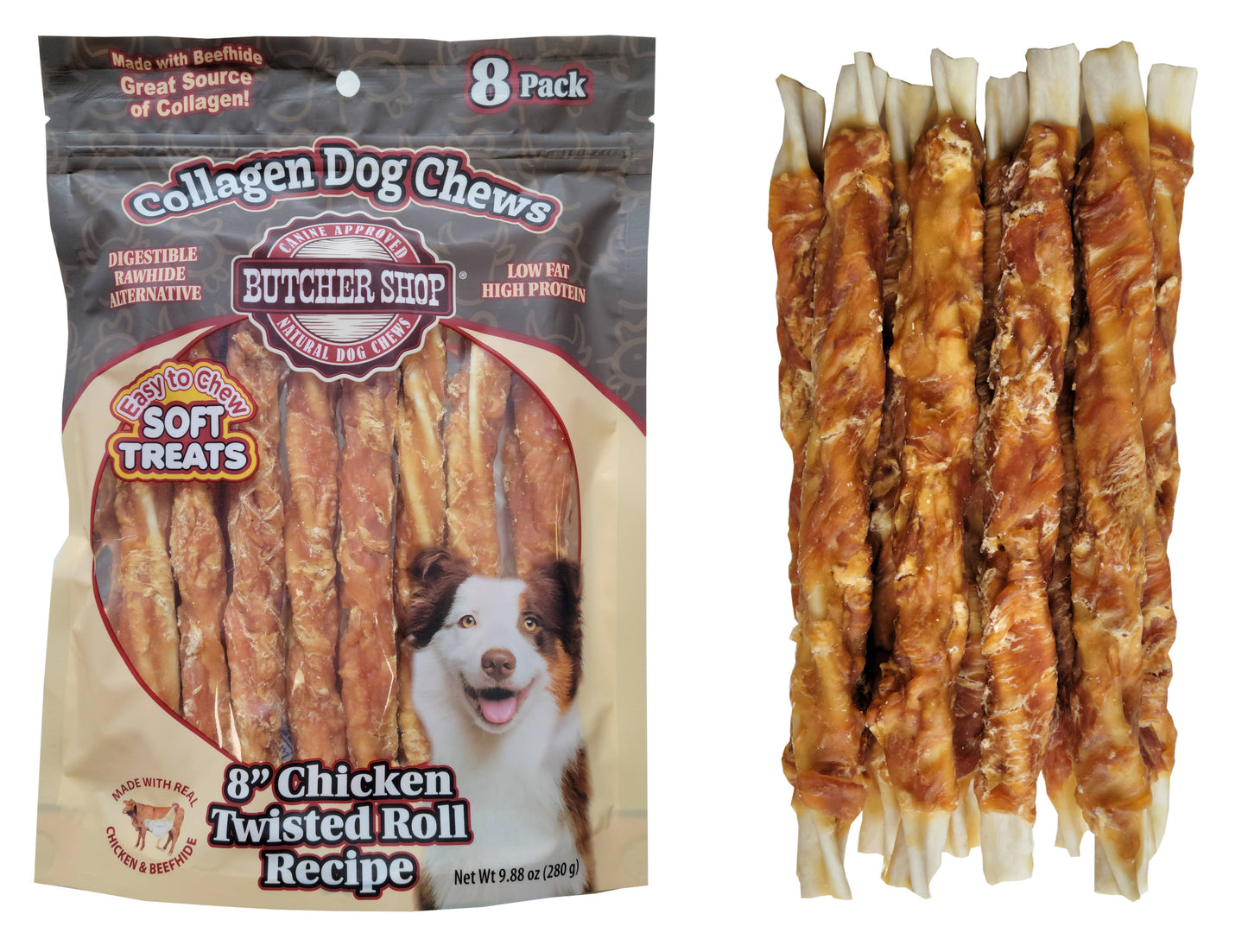 Butcher Shop Collagen Dog Chews 8" Chicken Twisted Roll 8-Pk