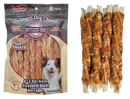 Butcher Shop Collagen Dog Chews 8" Chicken Twisted Roll 8-Pk