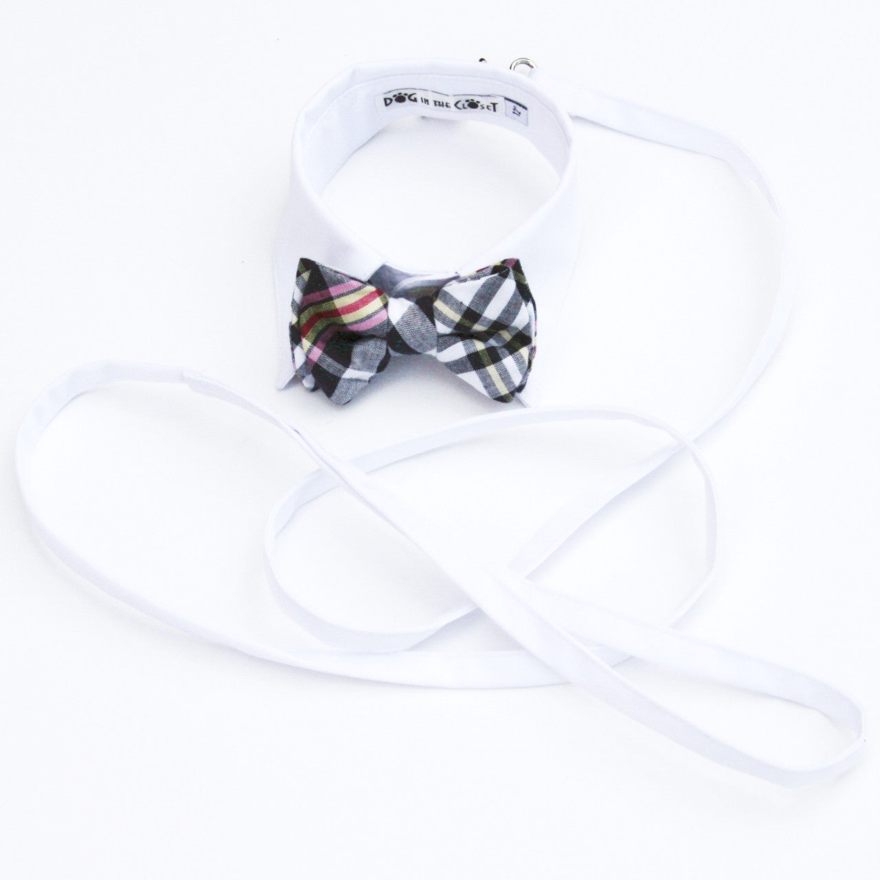 Elegant White Shirt Dog Collar with Dark Navy Madras Plaid Bow Tie
