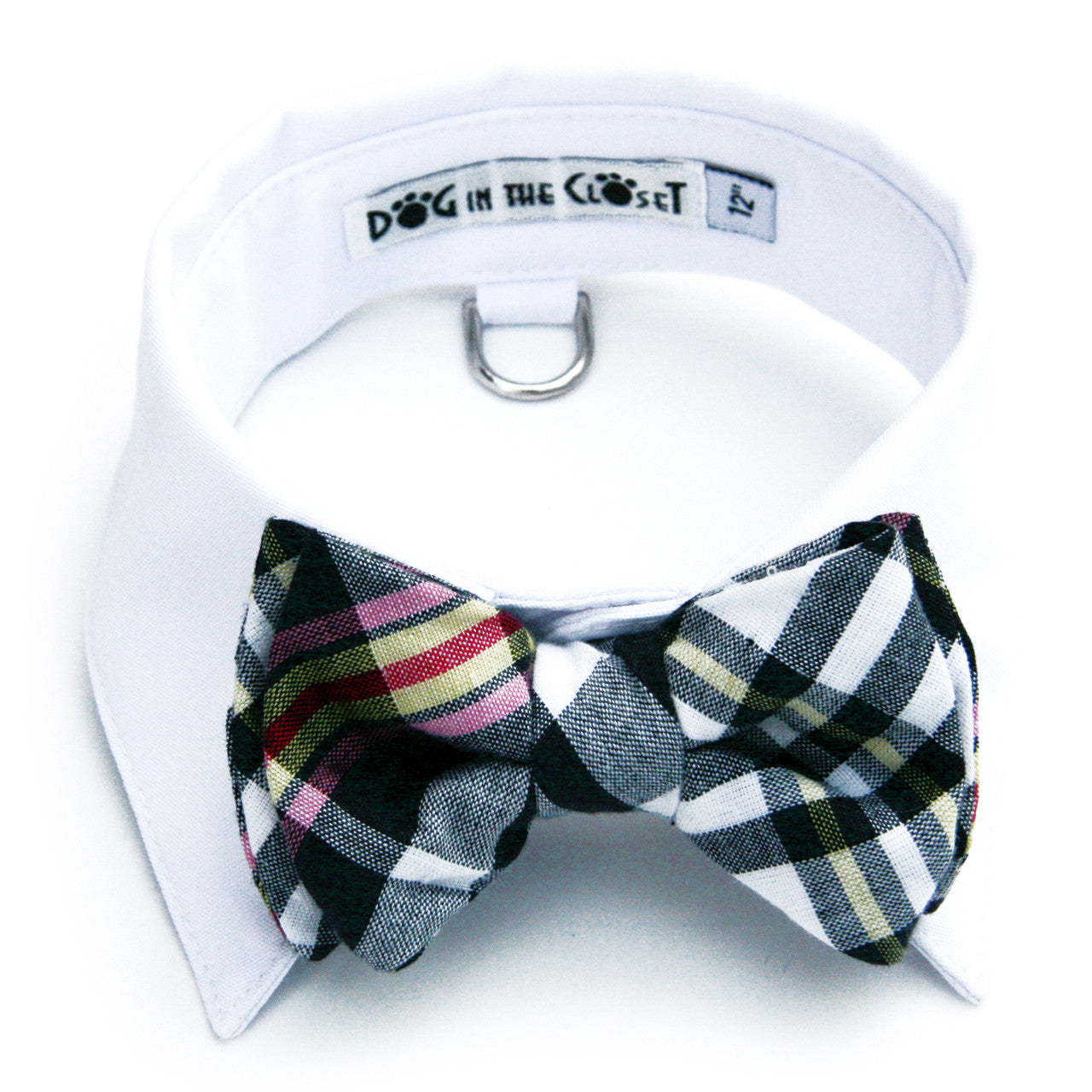 Elegant White Shirt Dog Collar with Dark Navy Madras Plaid Bow Tie