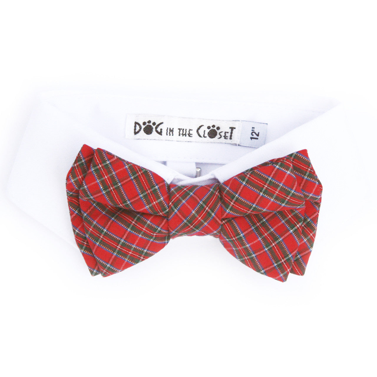 Charming White Shirt Dog Collar with Vibrant Red Tartan Plaid Detachable Bow Tie