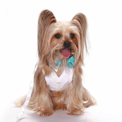 The Wyatt Elegant White Linen Dog Harness Vest with Adjustable D-Ring Leash