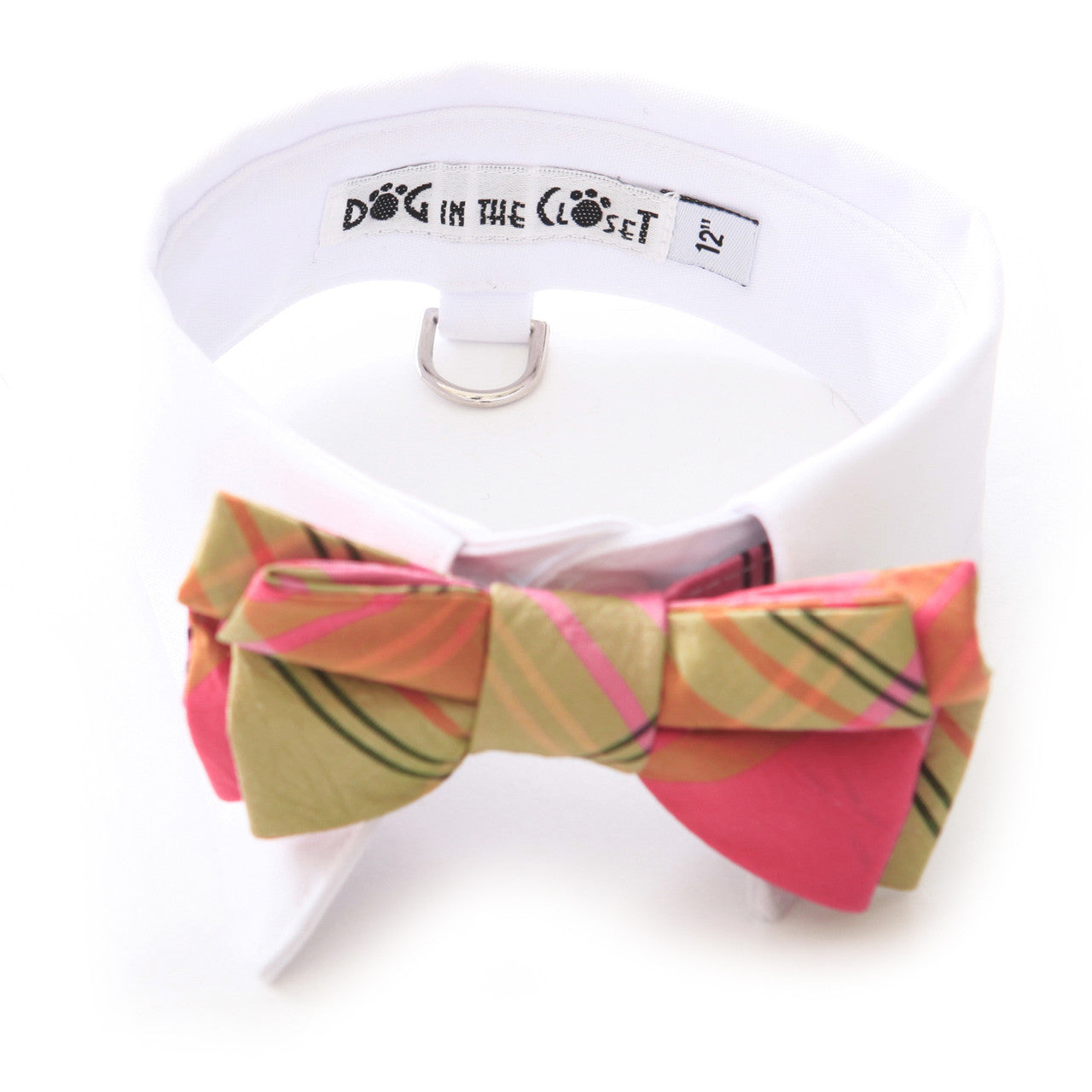 Dapper Dog White Shirt Collar with Coral Lime Silk Plaid Bow Tie