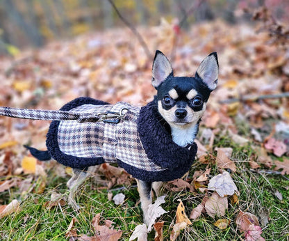 Sherpa-Lined Dog Harness Coat - Brown & White Plaid
