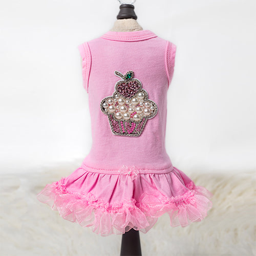 Glamorous Pink Cupcake Dog Dress: Crystal Pearl Applique Pet Fashion