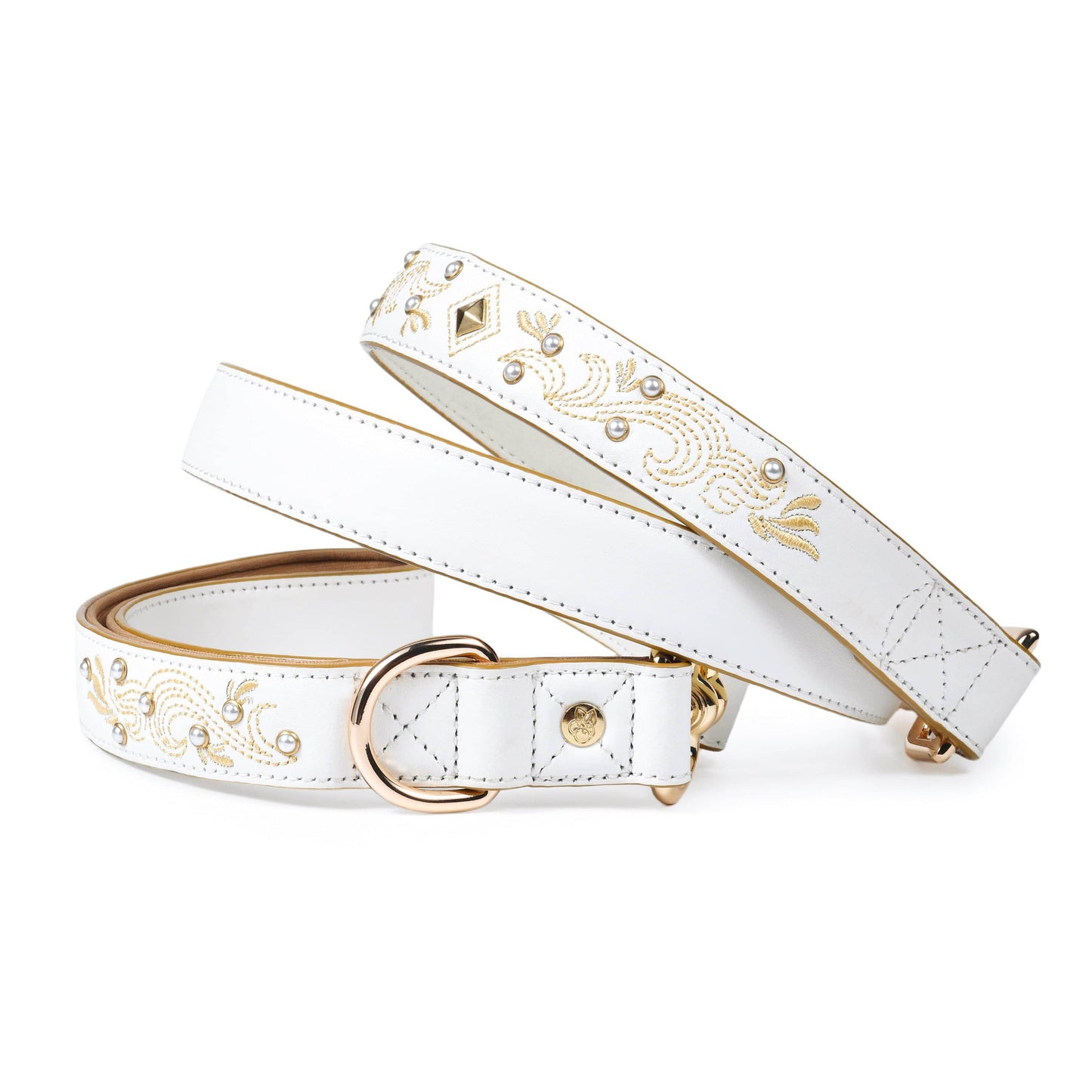 White  Leather Leash Western Style with Embroidery and Pearl Studs