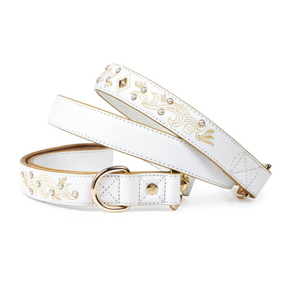 White  Leather Leash Western Style with Embroidery and Pearl Studs
