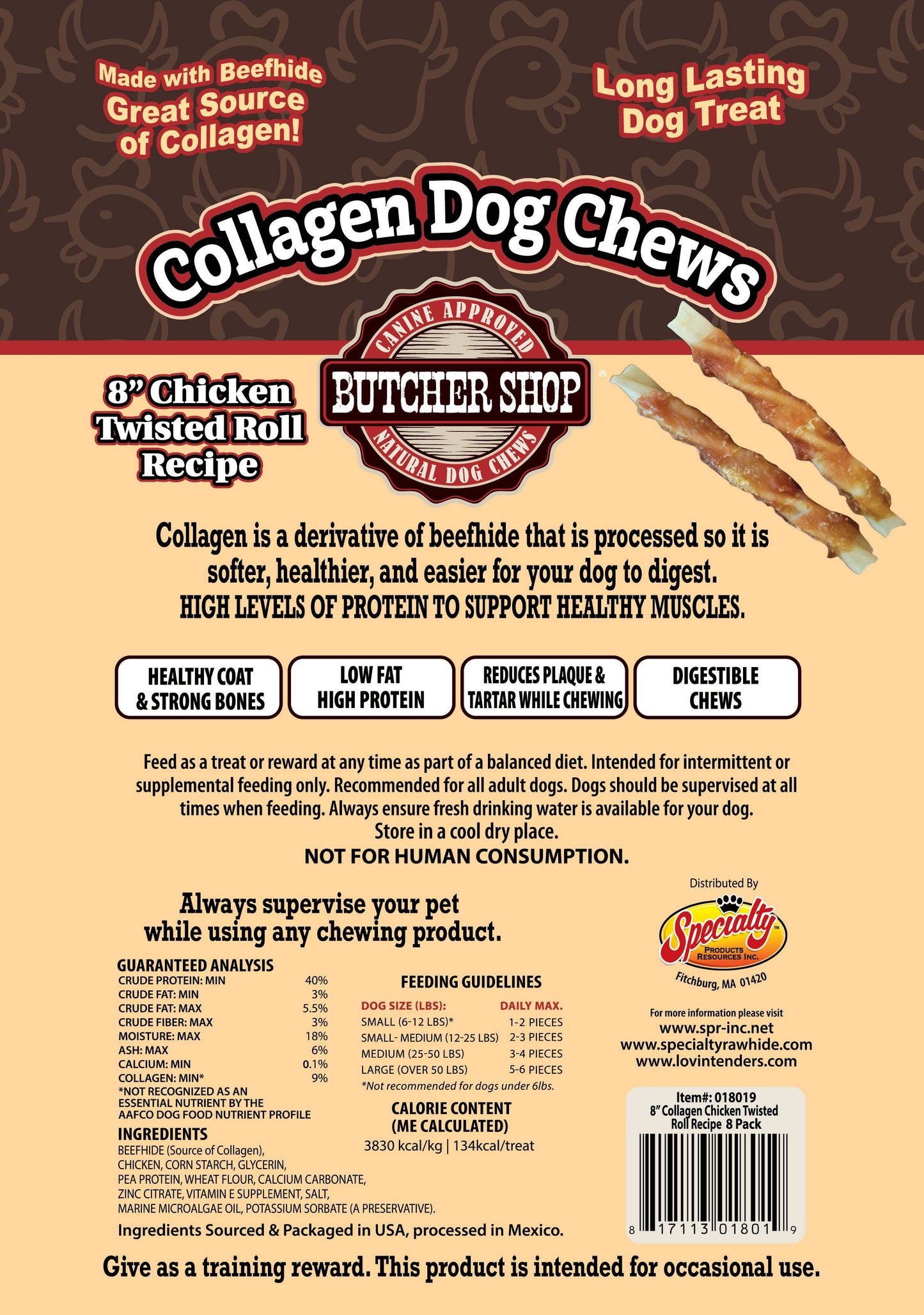 Butcher Shop Collagen Dog Chews 8" Chicken Twisted Roll 8-Pk