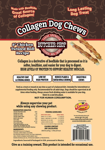 Butcher Shop Collagen Dog Chews 8" Chicken Twisted Roll 8-Pk