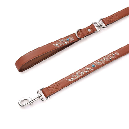 Tan/Brown Leather Western Leash with Embroidery and Turquoise Studs