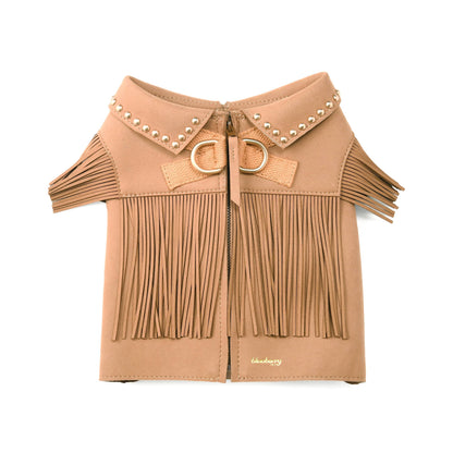 Tan Fringed Harness Jacket Western Style Silver-Powered Freshness Microfiber Suede