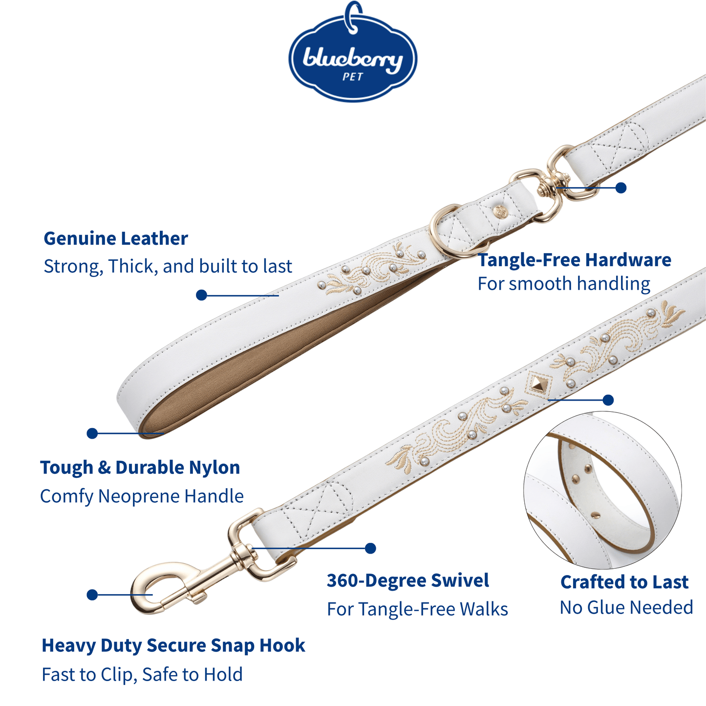 White  Leather Leash Western Style with Embroidery and Pearl Studs