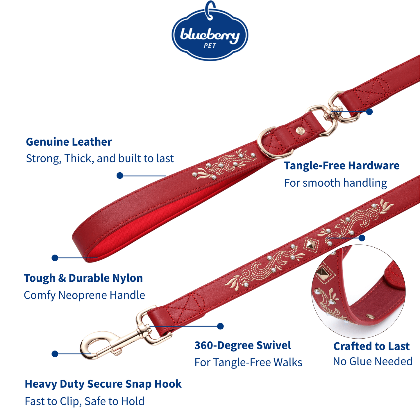 Red Leather Leash Western Style with Embroidery with Pearl Studs