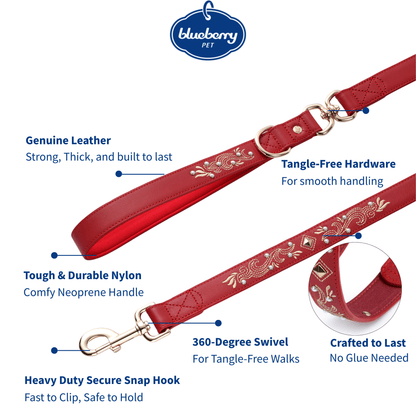 Red Leather Leash Western Style with Embroidery with Pearl Studs