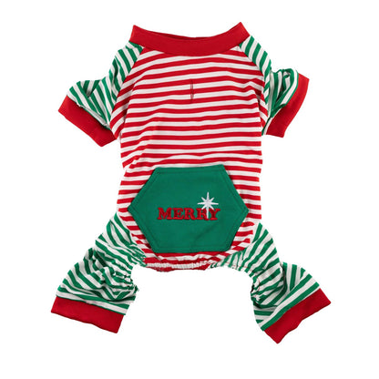 Festive Christmas Stripe Dog Pajamas with Velcro Closure and Antimicrobial Protection