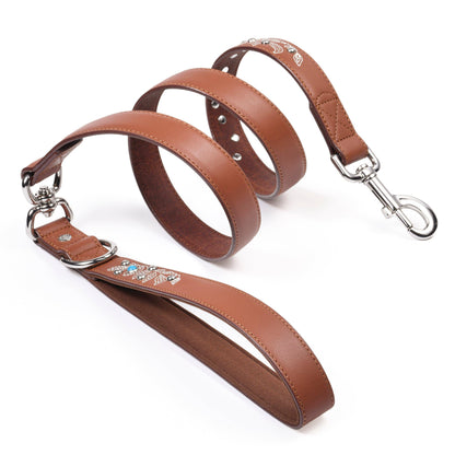 Tan/Brown Leather Western Leash with Embroidery and Turquoise Studs