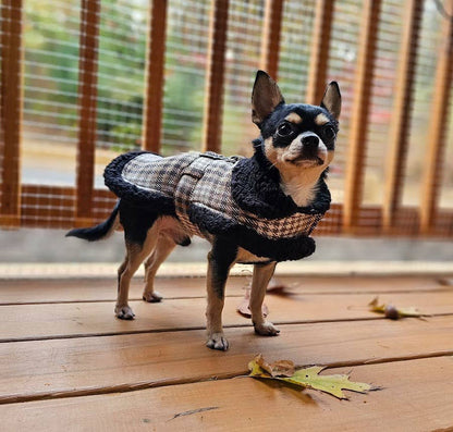 Sherpa-Lined Dog Harness Coat - Brown & White Plaid