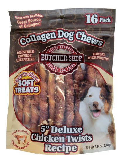Butcher Shop Collagen Dog Chews 5" Delx Chicken Twists 16-Pk
