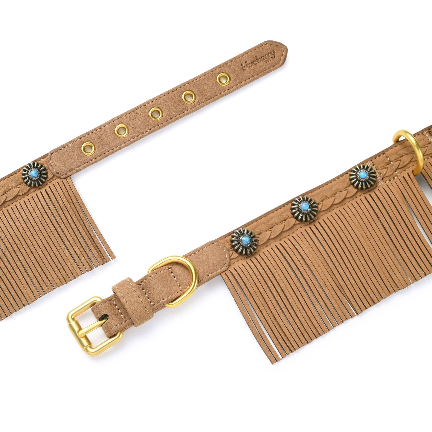 Tan Fringed collar Western Style Silver-Powered Freshness Microfiber Suede Dog Collar – Fringed Style with Turquoise Studs