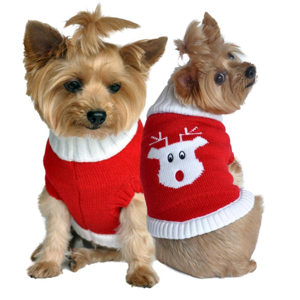Combed Cotton Holiday Dog Sweater - Red Rudolph