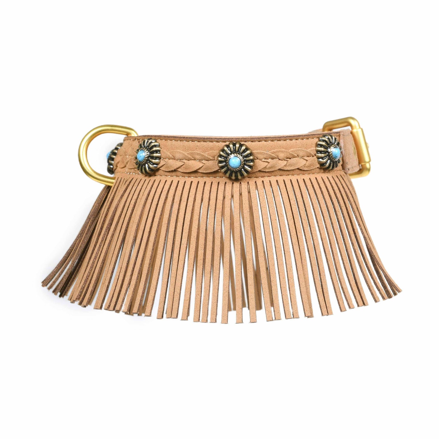 Tan Fringed collar Western Style Silver-Powered Freshness Microfiber Suede Dog Collar – Fringed Style with Turquoise Studs
