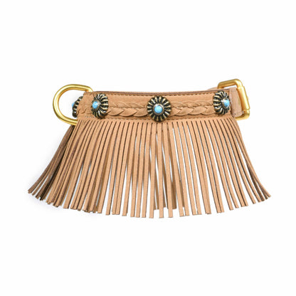 Tan Fringed collar Western Style Silver-Powered Freshness Microfiber Suede Dog Collar – Fringed Style with Turquoise Studs