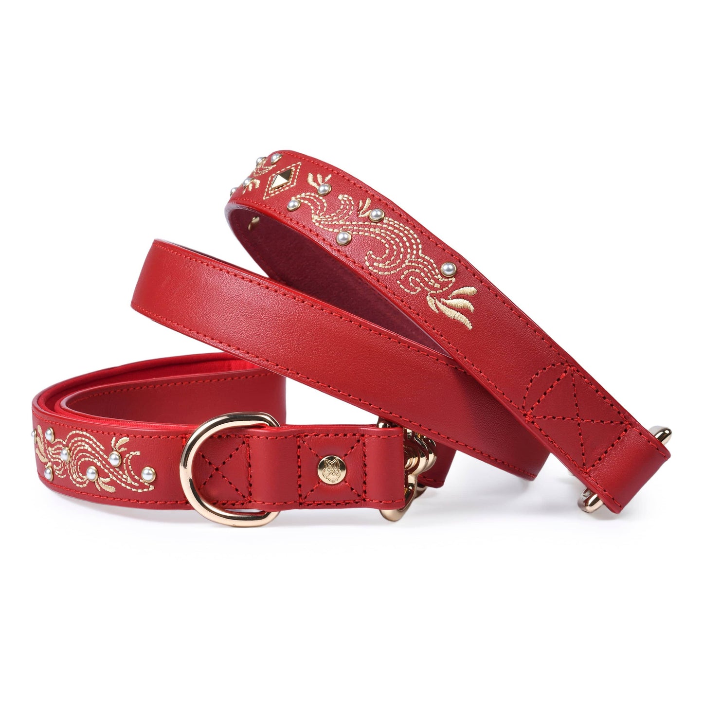 Red Leather Leash Western Style with Embroidery with Pearl Studs