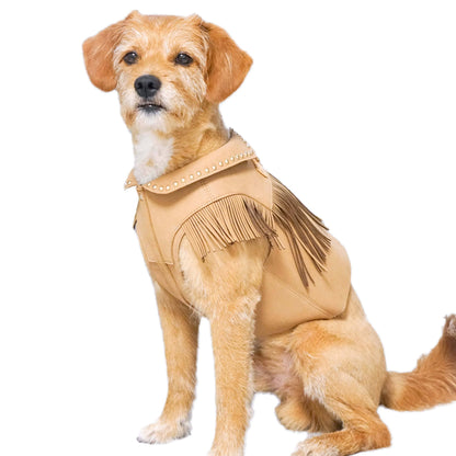Tan Fringed Harness Jacket Western Style Silver-Powered Freshness Microfiber Suede