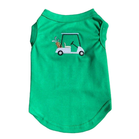 Kelly-Green Golf Cart Embroidered Dog Shirt in Tan