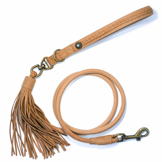 Tan Fringed Leash Western Style Silver-Powered Freshness Microfiber Suede Fringed Style with Turquoise Studs