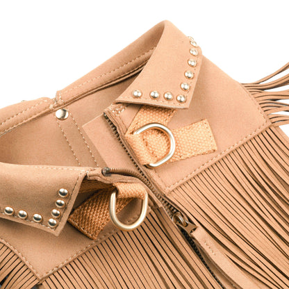 Tan Fringed Harness Jacket Western Style Silver-Powered Freshness Microfiber Suede