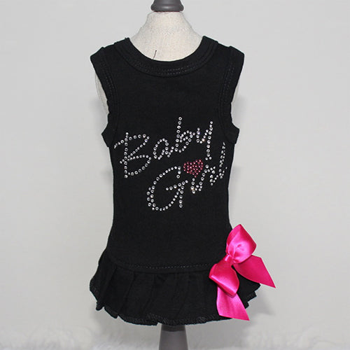 Adorably Chic 'Baby Girl' Rhinestone Cotton Dog Dress with Satin Bow