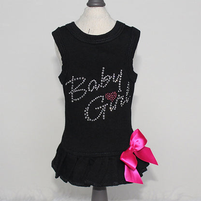 Adorably Chic 'Baby Girl' Rhinestone Cotton Dog Dress with Satin Bow
