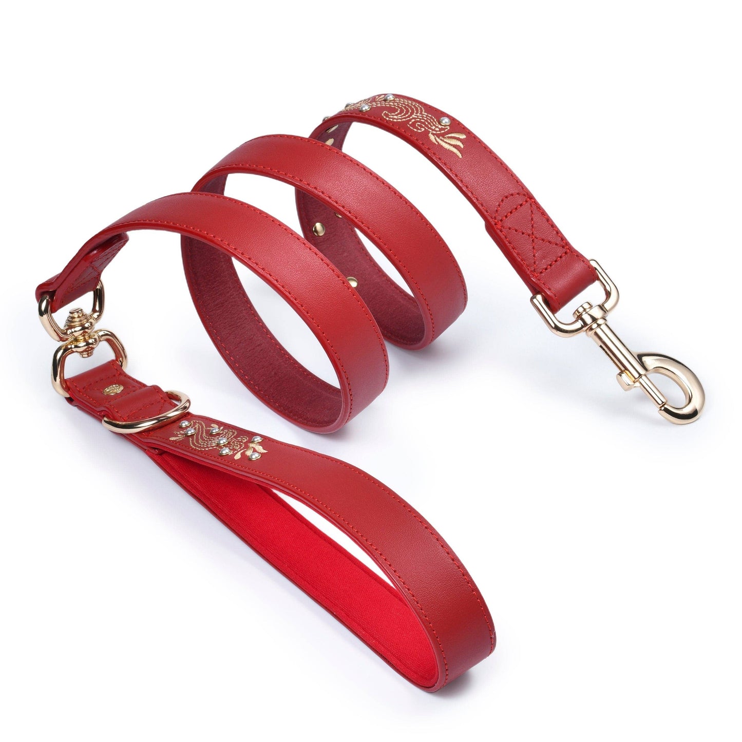 Red Leather Leash Western Style with Embroidery with Pearl Studs