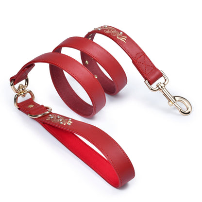 Red Leather Leash Western Style with Embroidery with Pearl Studs