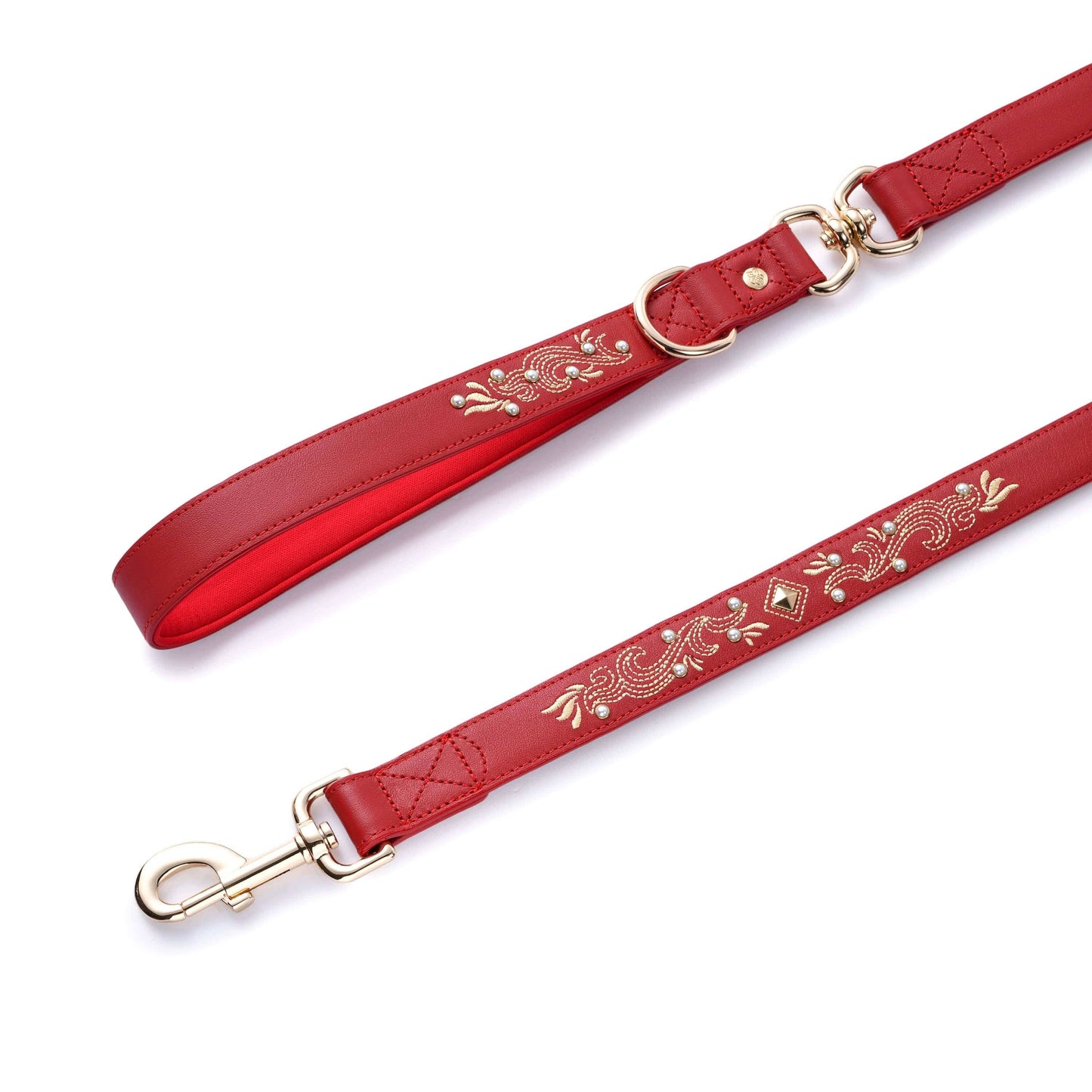 Red Leather Leash Western Style with Embroidery with Pearl Studs