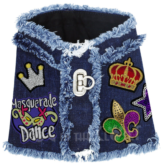 Mardi Gras Hand-Distressed Denim Dog Harness Vest: Frayed, Patched, Comfortable